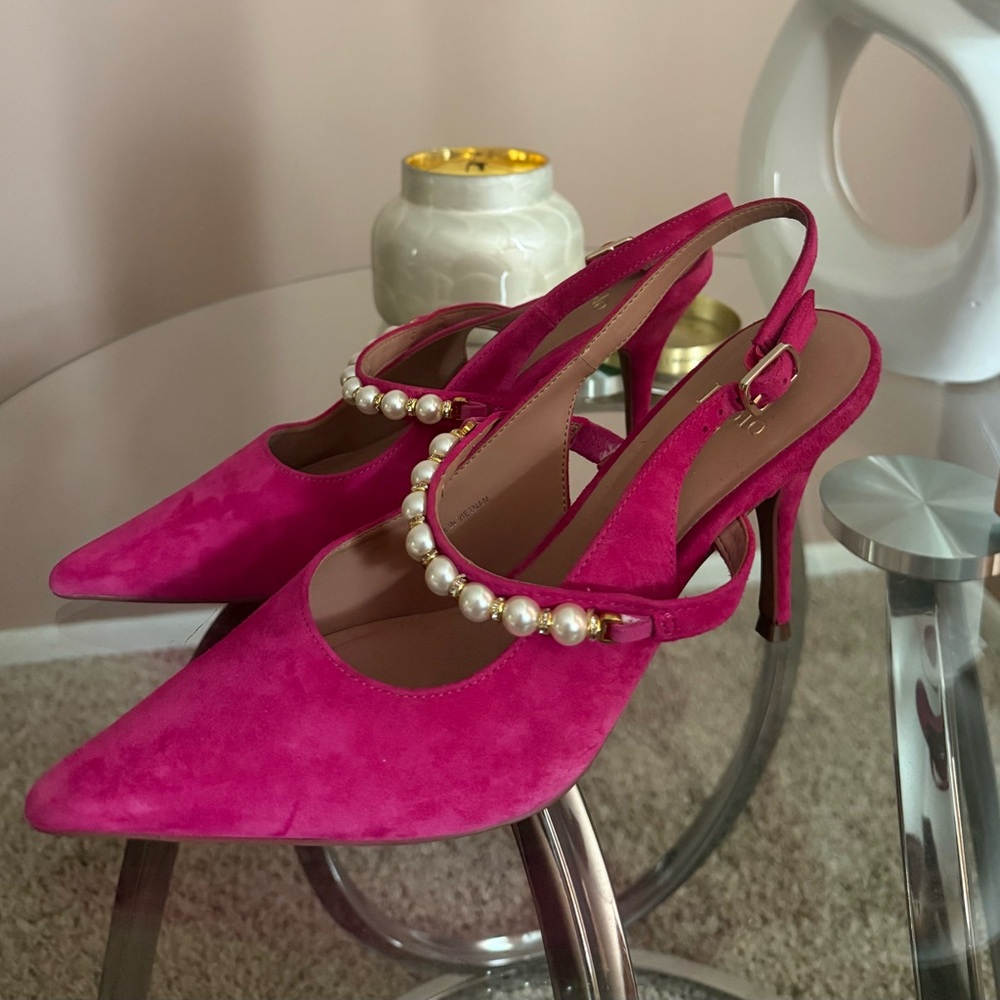 Linea Paolo Pink Slingback Heels with Pearl Detail